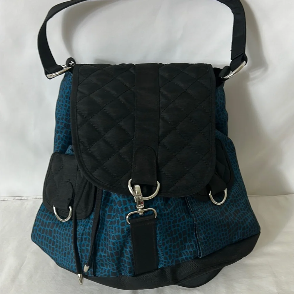 Black blue giraffe animal print quilted double strap backpack carry bag